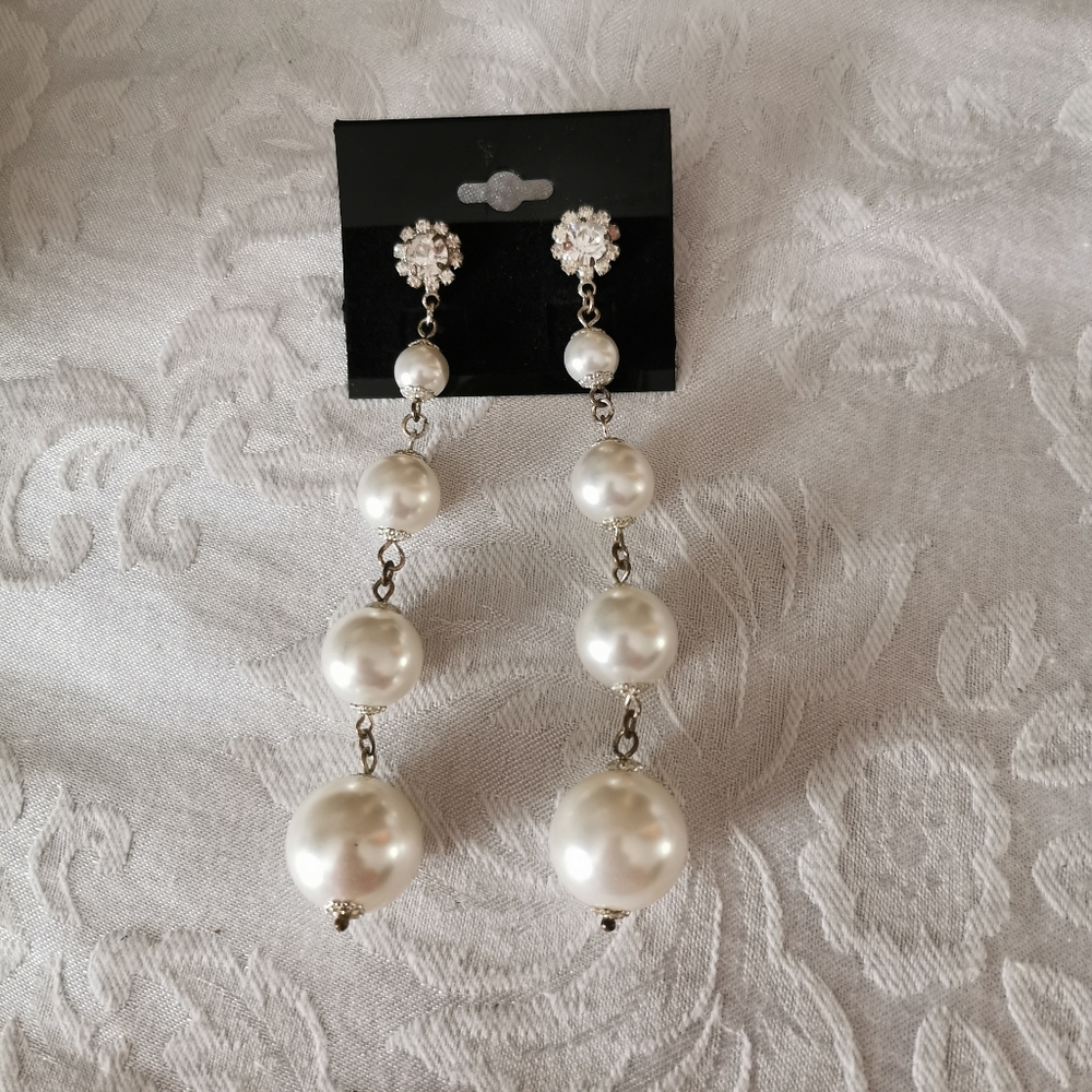 Long Faux White Pearl Dangle Earrings